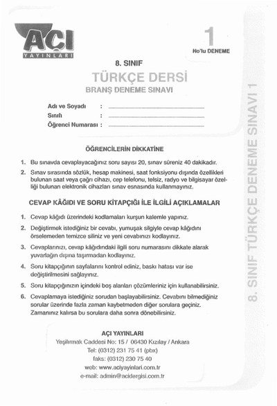 TÜRKÇE DERSİ BRANŞ DENEME SINAVI FotokoPink