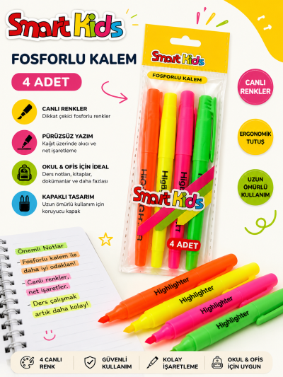 Smart Kids 4 Adet Fosforlu Kalem FotokoPink