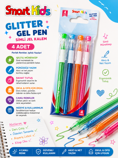 Smart Kids Glitter Simli Jel Kalem 4'lü FotokoPink