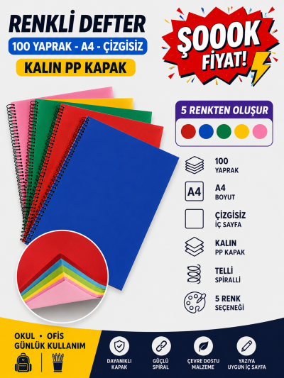 Renkli A4 100 Yaprak Çizgisiz Telli Defter FotokoPink