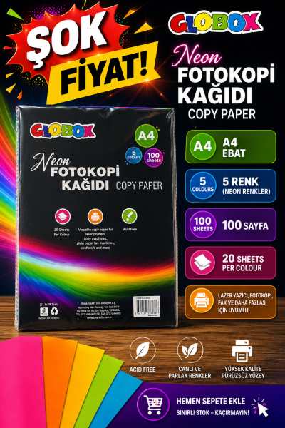 5 Renk 100 Sayfa Renkli Fotokopi Kağıdı Neon Globox FotokoPink