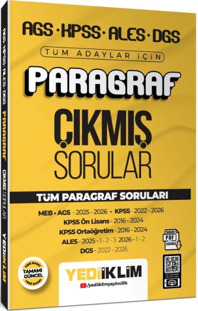 MEB AGS KPSS ALES DGS Tüm Adaylar İçin Paragraf Tamamı PDF Çözümlü Çıkmış Sorular Yediiklim Yayınları
