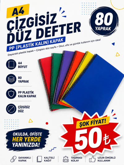A4 80 Yaprak Çizgisiz PP (Kalın Plastik) KAPAK DEFTER FotokoPink