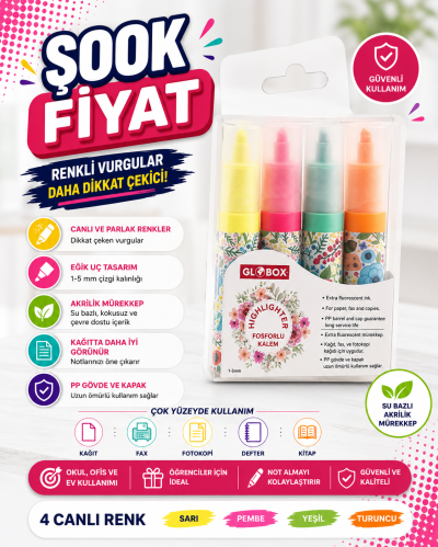 Globox Fosforlu Kalem Baskılı 4 Lü Set FotokoPink