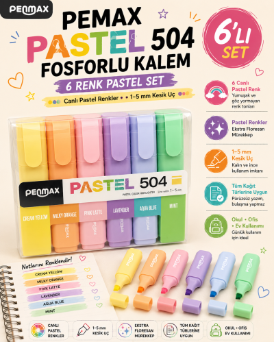 Penmax Fosforlu Işaretleme Kalemi Pastel Renkler 6'lı Set FotokoPink