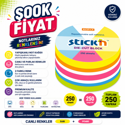Hopax Stıck'n 21830 Yapışkanlı Yuvarlak Blok Neon 250 Yaprak FotokoPink