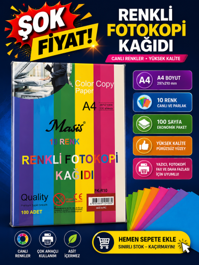 10 Renk 100 Sayfa Renkli Fotokopi Kağıdı FotokoPink