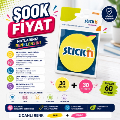 2 Neon Renk Yuvarlak Konuşma Balonu 60 Yaprak 76x76 Yapışkanlı Not Kağıdı FotokoPink