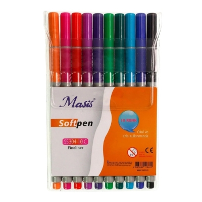Masis Fineliner Softpen Kalem 10 Renk Pvc S5304-10c FotokoPink