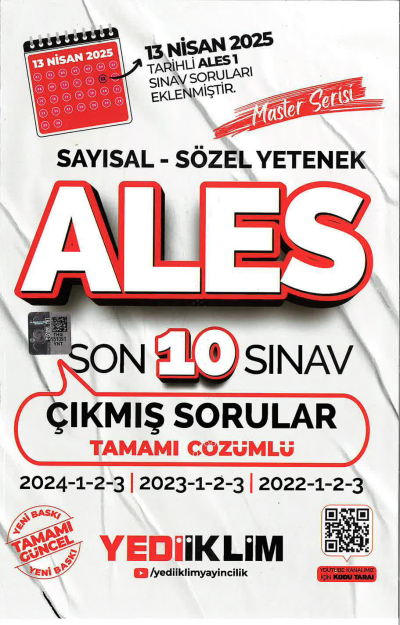 2025 ALES Master Serisi Sayısal Sözel Yetenek Tamamı Çözümlü Son 10 Sınav Çıkmış Sorular Yediiklim Yayınları (2022-2023-2024) FotokoPink