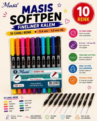 Masis Fineliner Apollo 55 İki Uçlu Kalem 10Lu FotokoPink