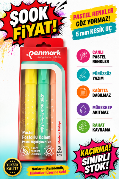 Penmark Kalem Tipi Fosforlu Kalem 3 Lü Bristol Pastel FotokoPink