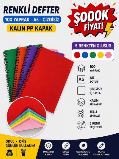 Renkli A5 100 Yaprak Çizgisiz Telli Defter FotokoPink