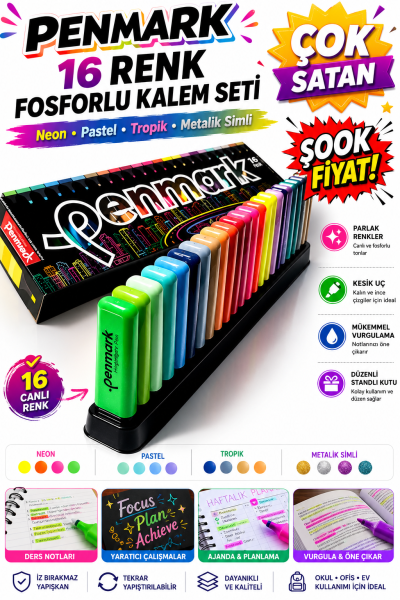 Penmark Fosforlu Kalem 16 Renk Set Süper Kutu FotokoPink