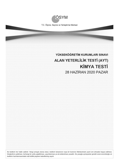 KİMYA SON 11 YIL ÇIKMIŞ SORULAR (AYT) (2020 DAHİL)