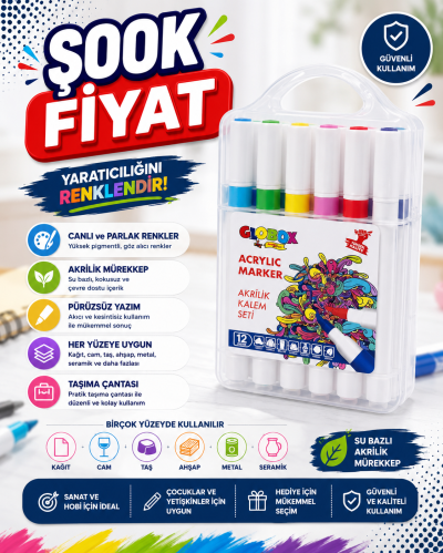 Globox Akrilik Marker Kalem Seti 12 Renk FotokoPink