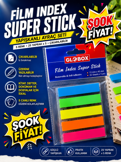 Globox Film İndex 25 Yaprak 5 Renk Kitap Defter Ayraç FotokoPink