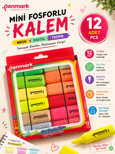 PENMARK 12'Lİ FOSFORLU KALEM SETİ FotokoPink
