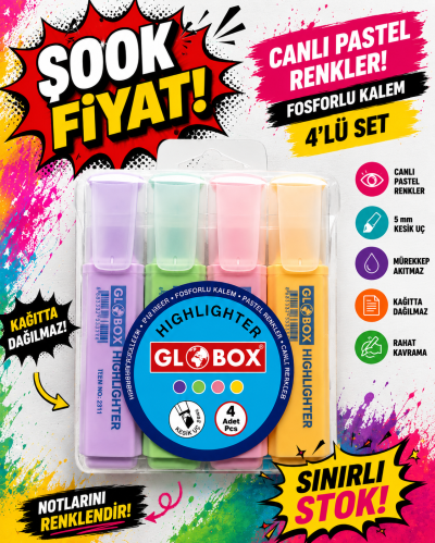 Globox Fosforlu Kalem Pastel Renk 4.lü FotokoPink