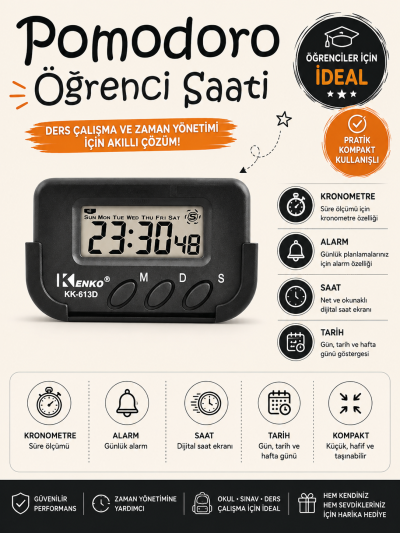 Kenko Pomodoro Öğrenci Saati - Kronometreli Ders Çalışma Saati - Dijital Masa Saati Kenko KK-613D FotokoPink