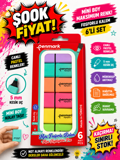 MİNİ FOSFORLU KALEM 6 LI PASTEL PENMARK FotokoPink